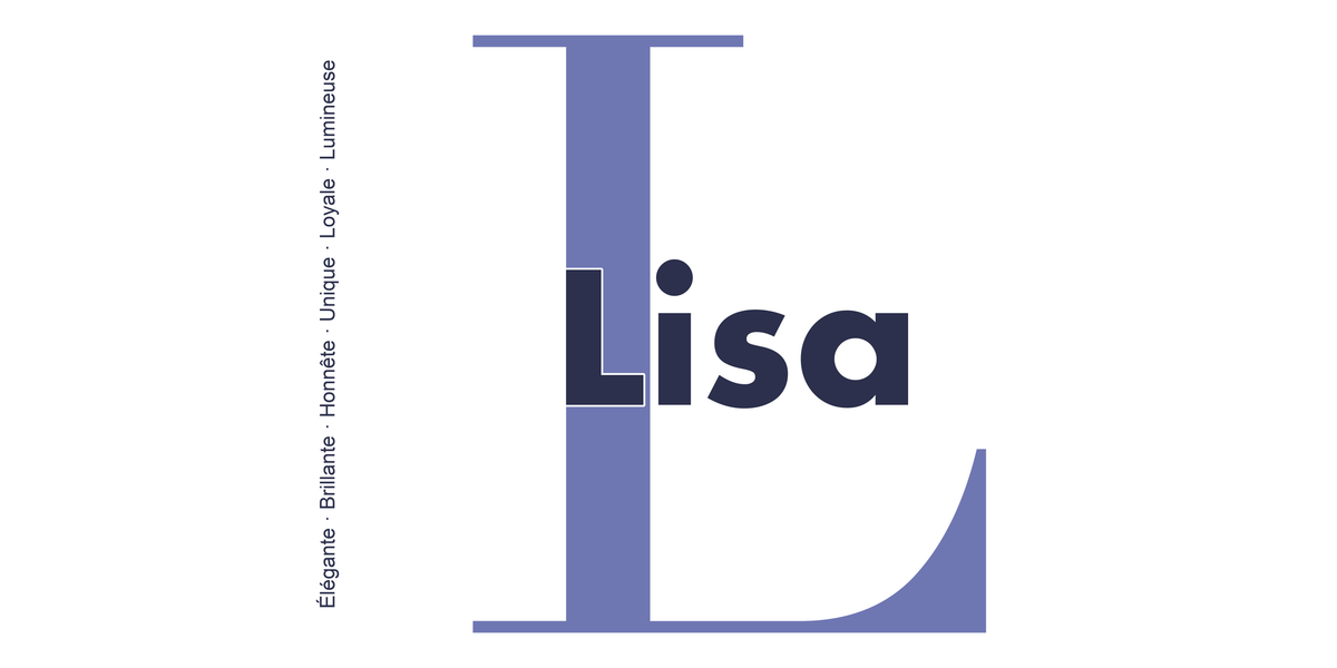 Visuel à plat du mug prénom Lisa : initiale L pleine hauteur, prénom Lisa centré et ligne verticale « Élégante · Brillante · Honnête · Unique · Loyale · Lumineuse »