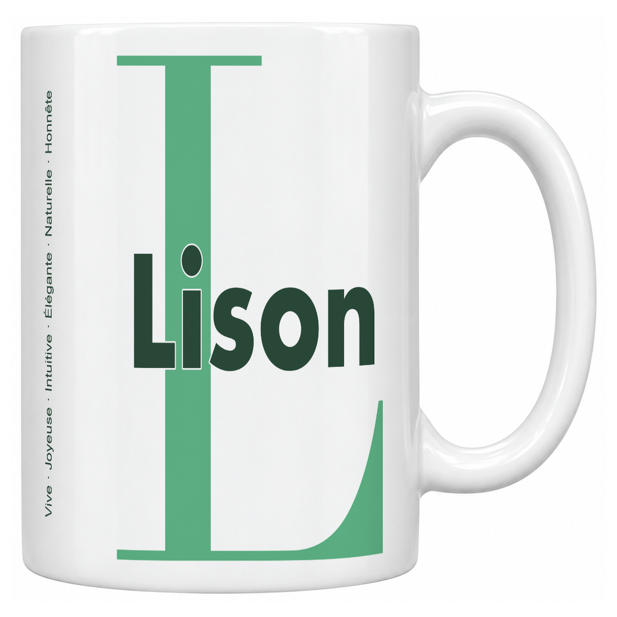 Mug blanc céramique 330 ml prénom Lison : grande initiale L, prénom Lison en lettres bold et six qualités verticales sur le côté