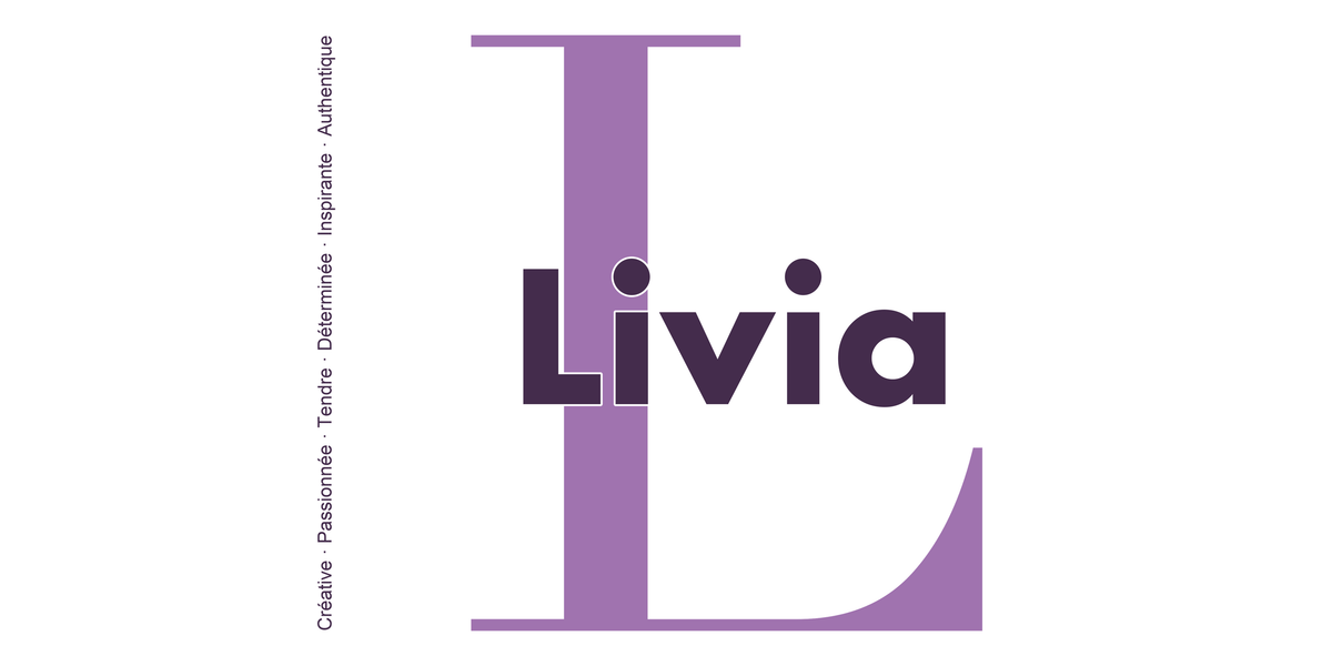 Visuel à plat du mug prénom Livia : initiale L pleine hauteur, prénom Livia centré et ligne verticale « Créative · Passionnée · Tendre · Déterminée · Inspirante · Authentique »