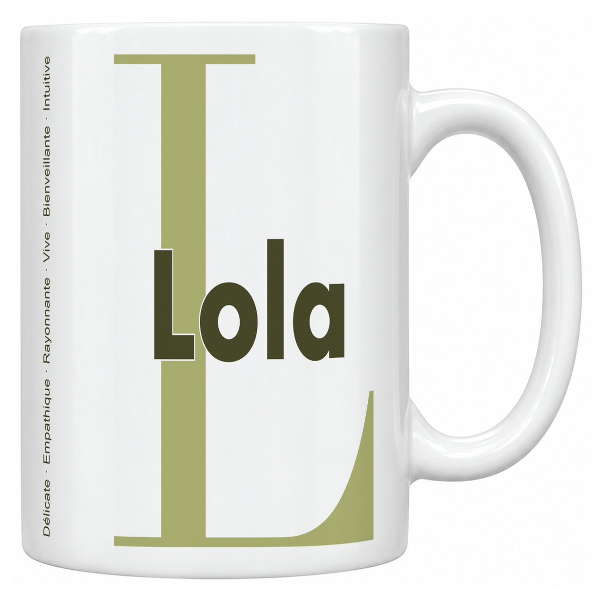 Mug blanc céramique 330 ml prénom Lola : grande initiale L, prénom Lola en lettres bold et six qualités verticales sur le côté