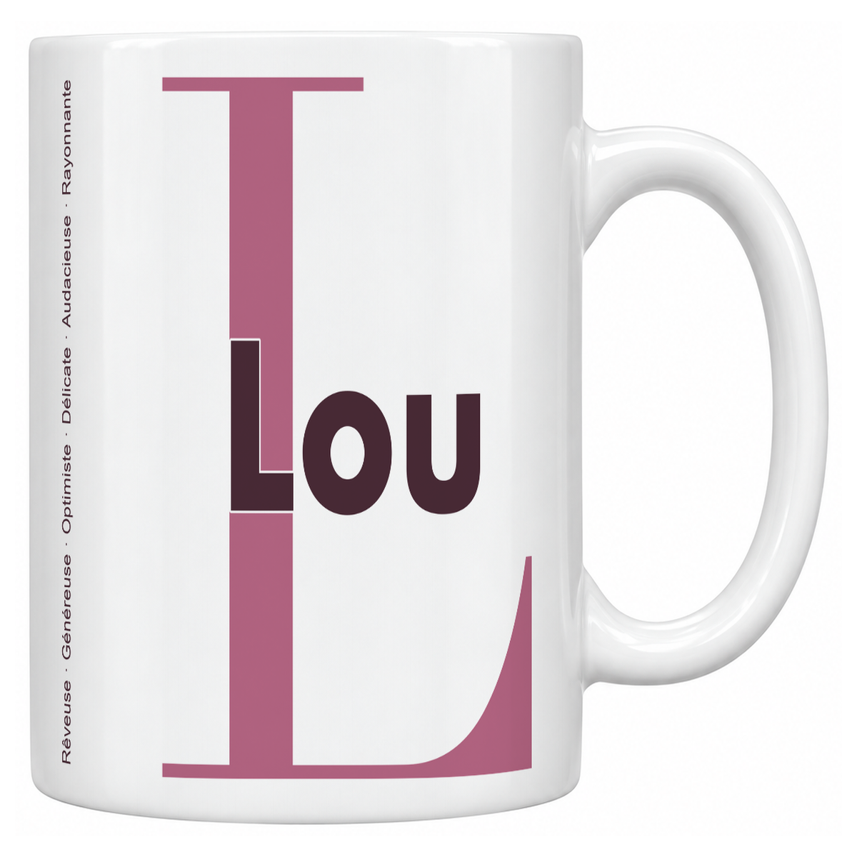 Mug blanc céramique 330 ml prénom Lou : grande initiale L, prénom Lou en lettres bold et six qualités verticales sur le côté