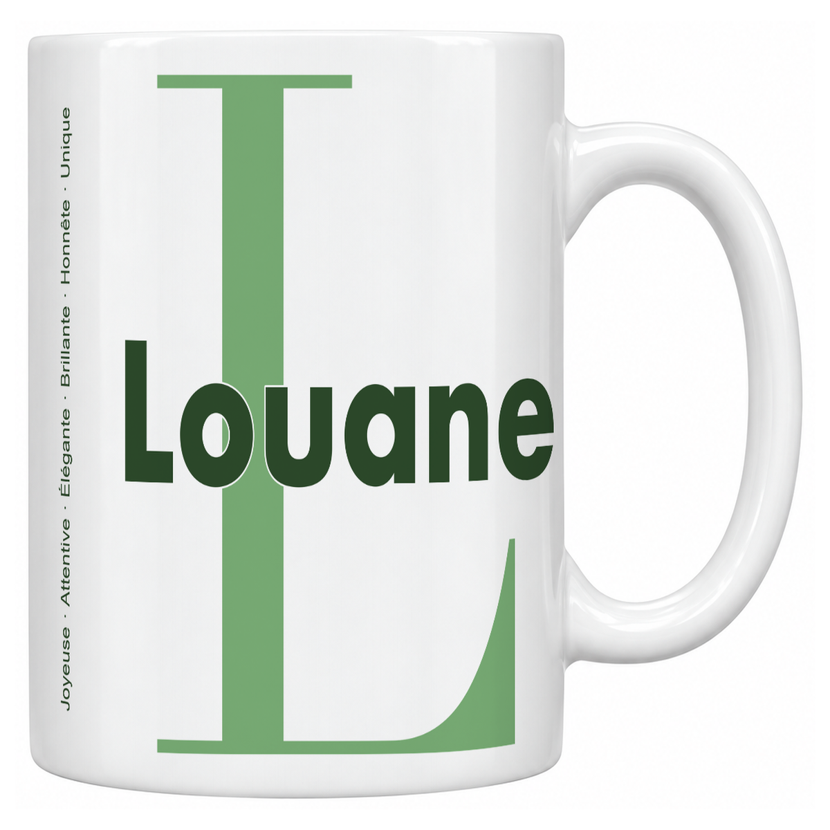 Mug blanc céramique 330 ml prénom Louane : grande initiale L, prénom Louane en lettres bold et six qualités verticales sur le côté