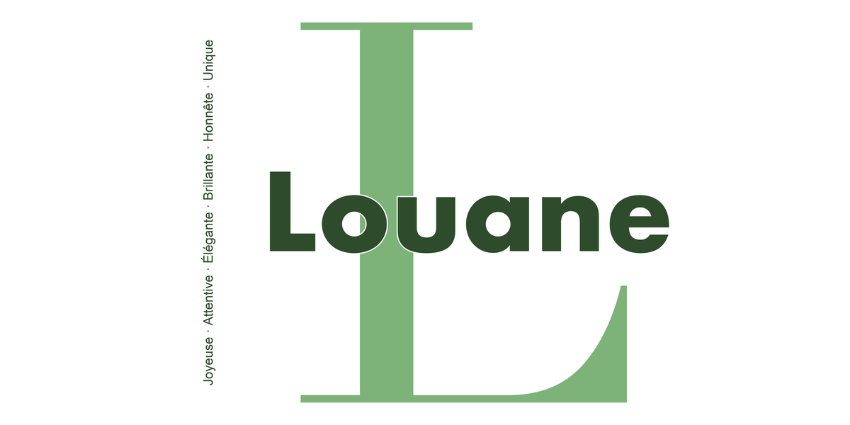 Visuel à plat du mug prénom Louane : initiale L pleine hauteur, prénom Louane centré et ligne verticale « Joyeuse · Attentive · Élégante · Brillante · Honnête · Unique »