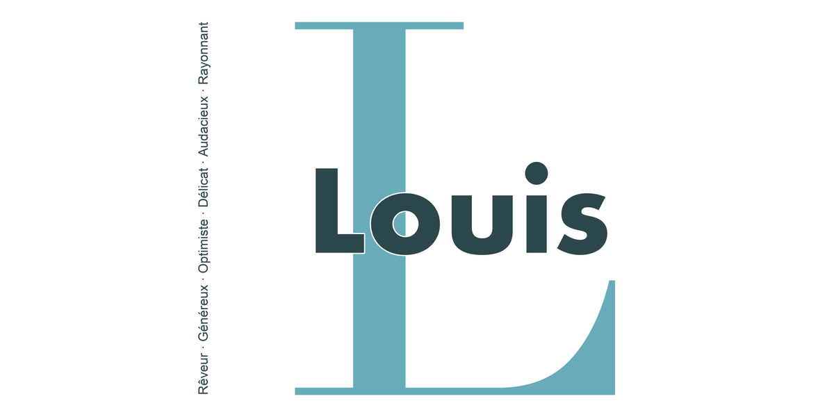 Visuel à plat du mug prénom Louis : initiale L pleine hauteur, prénom Louis centré et ligne verticale « Rêveur · Généreux · Optimiste · Délicat · Audacieux · Rayonnant »