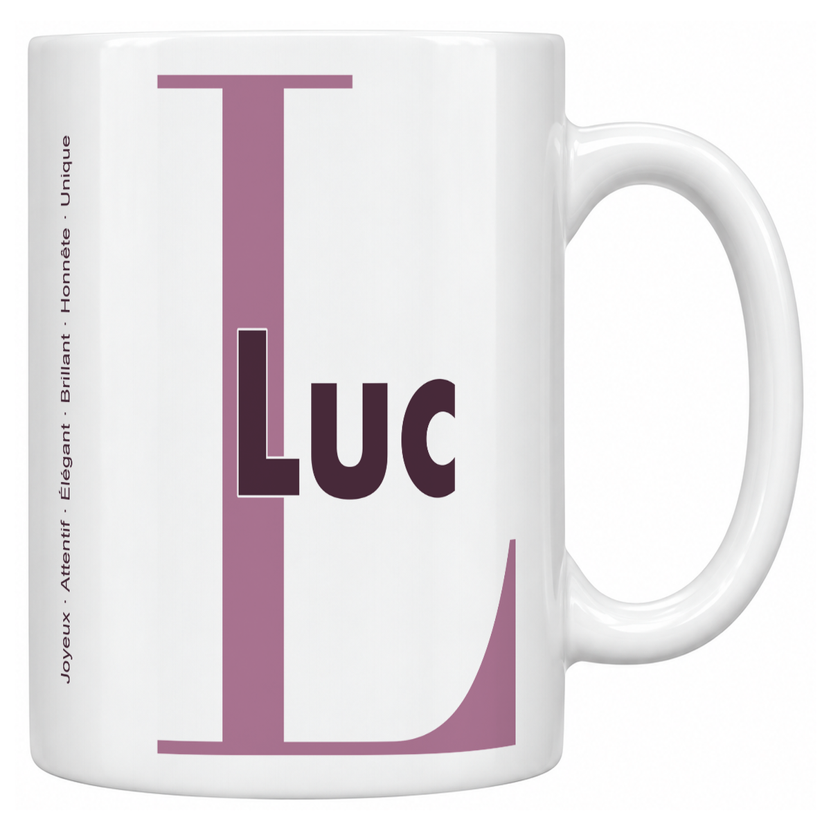 Mug blanc céramique 330 ml prénom Luc : grande initiale L, prénom Luc en lettres bold et six qualités verticales sur le côté