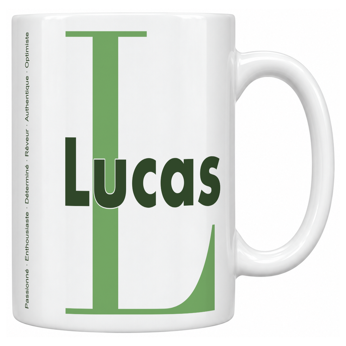 Mug blanc céramique 330 ml prénom Lucas : grande initiale L, prénom Lucas en lettres bold et six qualités verticales sur le côté