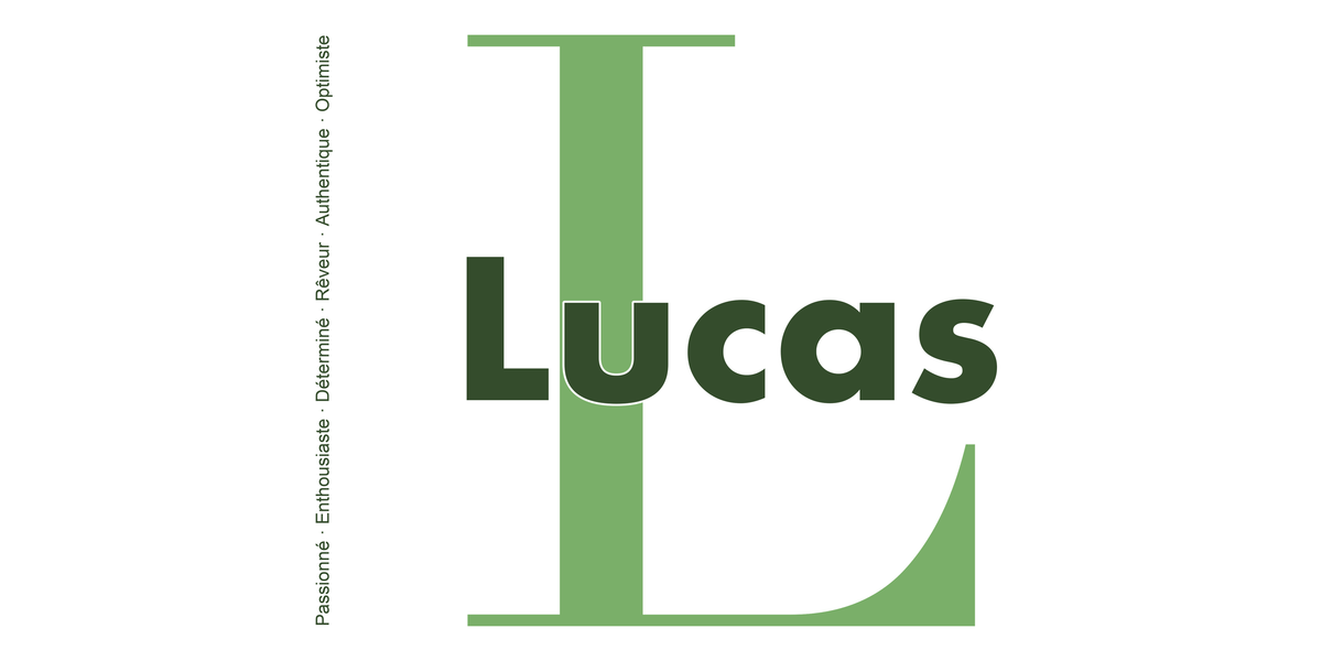 Visuel à plat du mug prénom Lucas : initiale L pleine hauteur, prénom Lucas centré et ligne verticale « Passionné · Enthousiaste · Déterminé · Rêveur · Authentique · Optimiste »