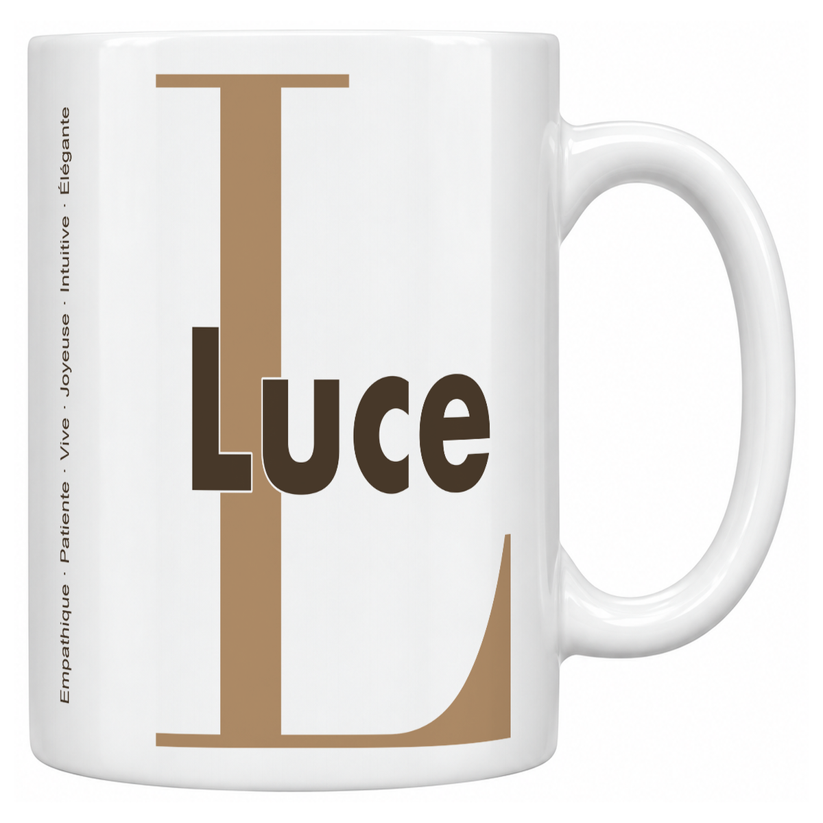 Mug blanc céramique 330 ml prénom Luce : grande initiale L, prénom Luce en lettres bold et six qualités verticales sur le côté
