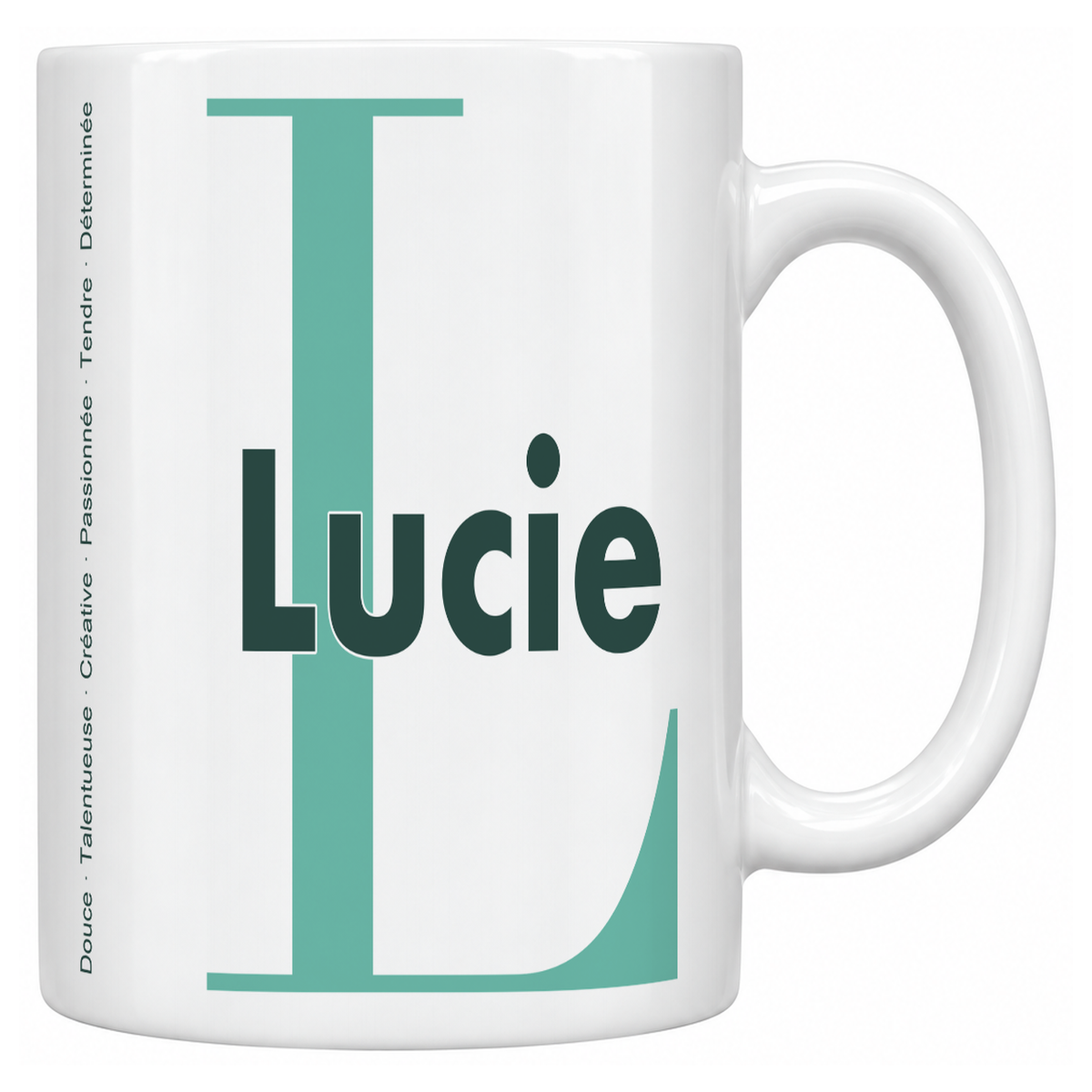 Mug blanc céramique 330 ml prénom Lucie : grande initiale L, prénom Lucie en lettres bold et six qualités verticales sur le côté