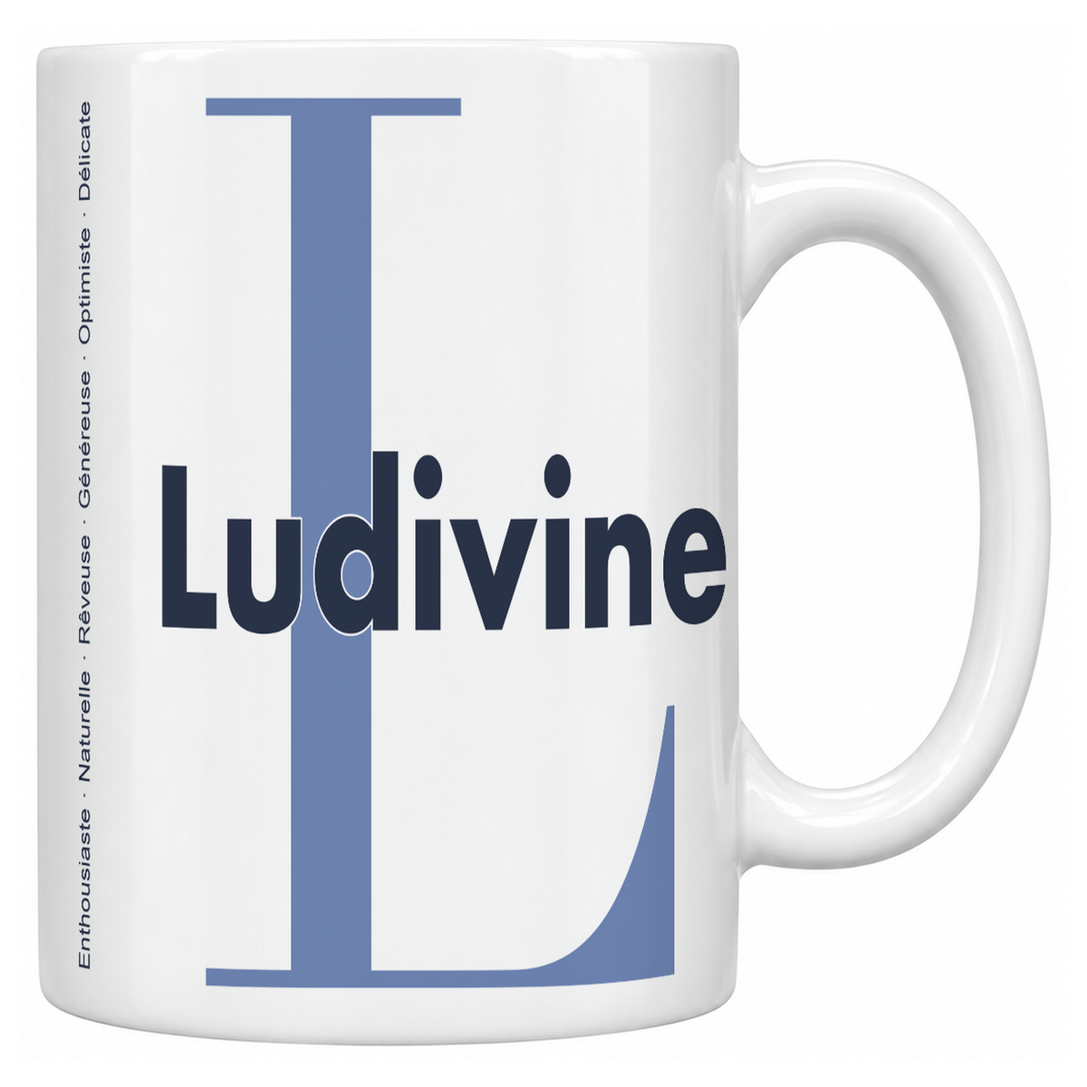 Mug blanc céramique 330 ml prénom Ludivine : grande initiale L, prénom Ludivine en lettres bold et six qualités verticales sur le côté