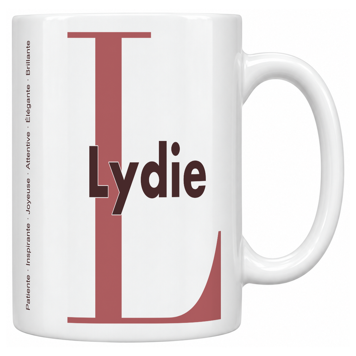 Mug blanc céramique 330 ml prénom Lydie : grande initiale L, prénom Lydie en lettres bold et six qualités verticales sur le côté