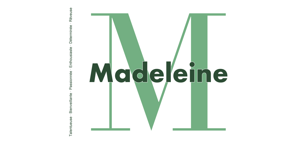 Visuel à plat du mug prénom Madeleine : initiale M pleine hauteur, prénom Madeleine centré et ligne verticale « Talentueuse · Bienveillante · Passionnée · Enthousiaste · Déterminée · Rêveuse »