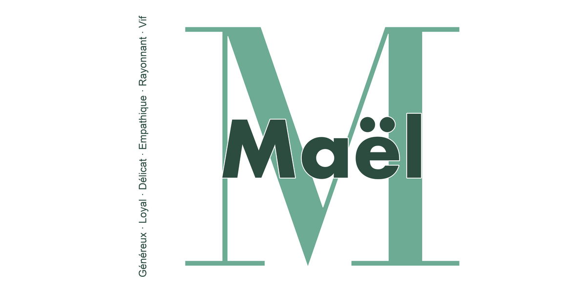 Visuel à plat du mug prénom Maël : initiale M pleine hauteur, prénom Maël centré et ligne verticale « Généreux · Loyal · Délicat · Empathique · Rayonnant · Vif »