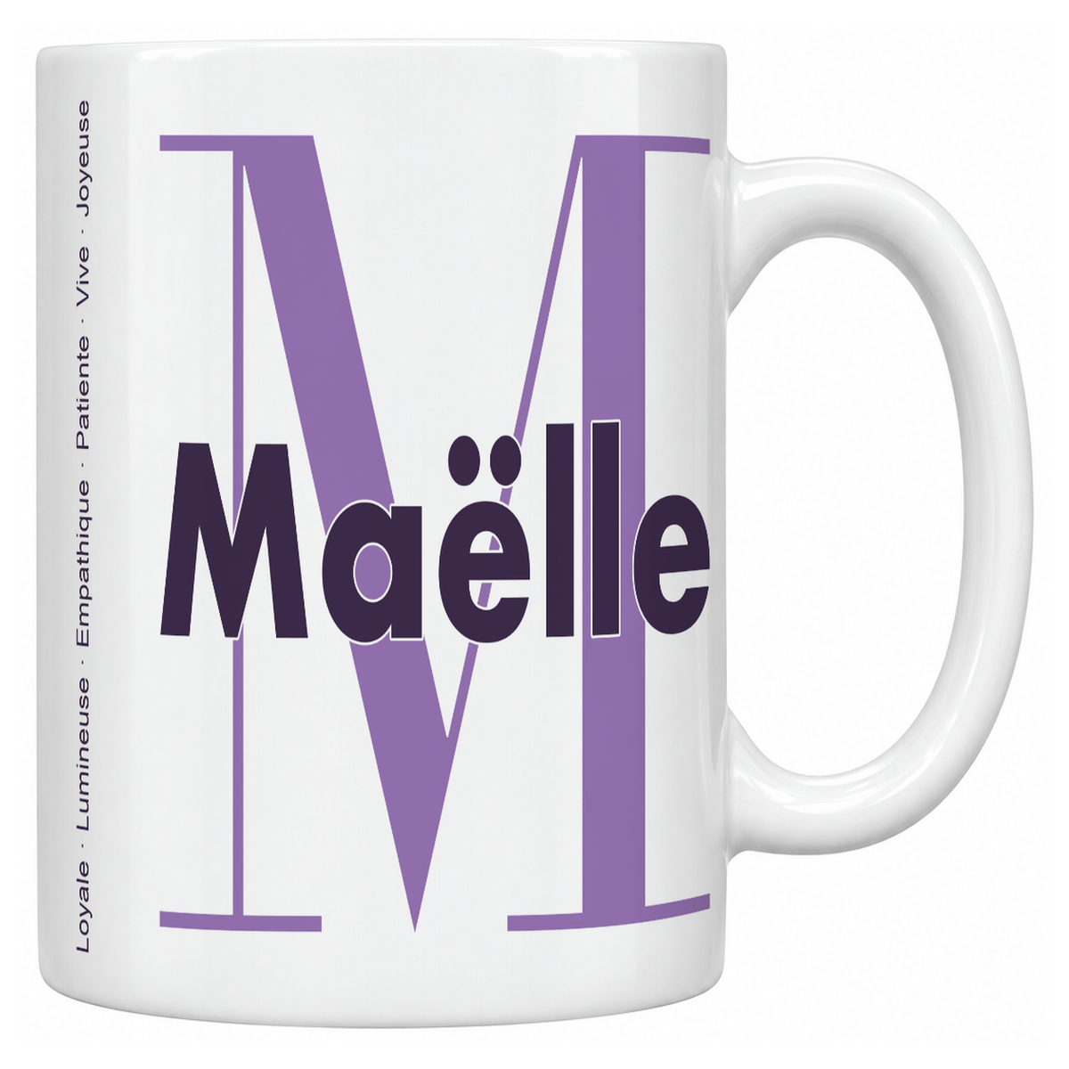 Mug blanc céramique 330 ml prénom Maëlle : grande initiale M, prénom Maëlle en lettres bold et six qualités verticales sur le côté