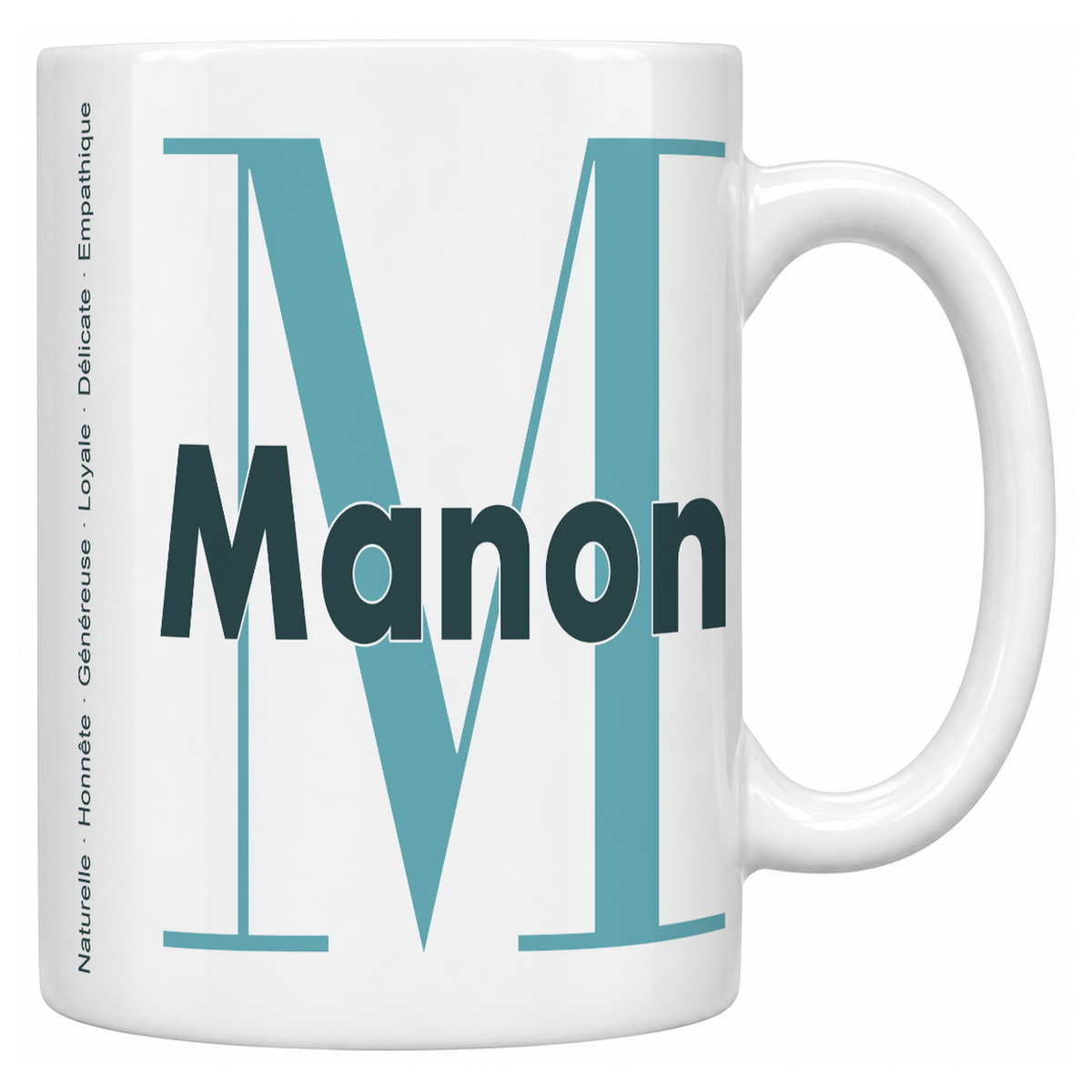 Mug blanc céramique 330 ml prénom Manon : grande initiale M, prénom Manon en lettres bold et six qualités verticales sur le côté