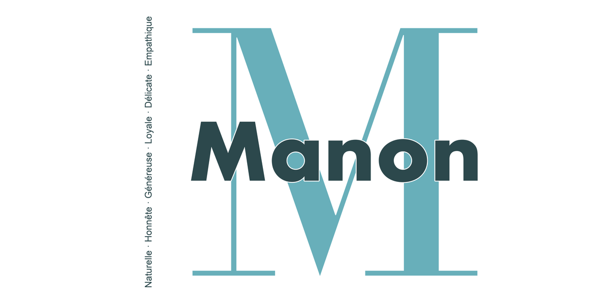 Visuel à plat du mug prénom Manon : initiale M pleine hauteur, prénom Manon centré et ligne verticale « Naturelle · Honnête · Généreuse · Loyale · Délicate · Empathique »