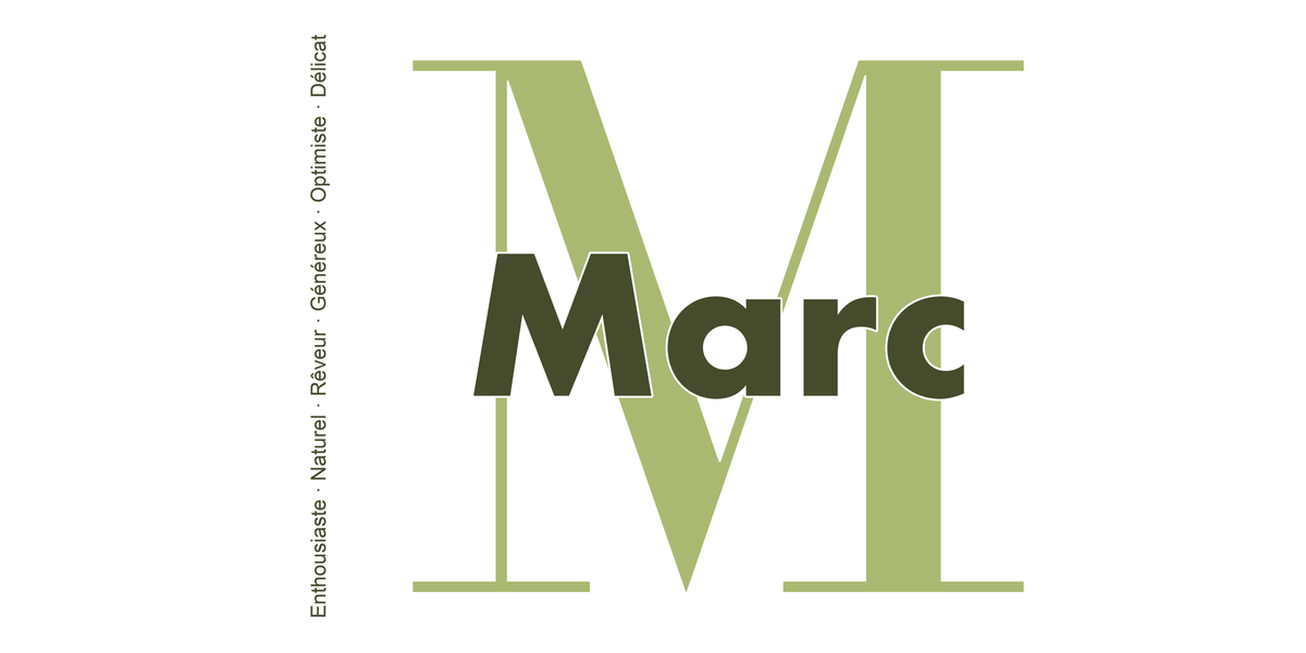 Visuel à plat du mug prénom Marc : initiale M pleine hauteur, prénom Marc centré et ligne verticale « Enthousiaste · Naturel · Rêveur · Généreux · Optimiste · Délicat »