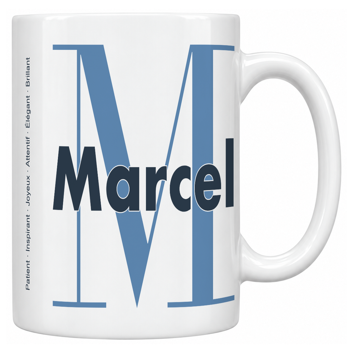 Mug blanc céramique 330 ml prénom Marcel : grande initiale M, prénom Marcel en lettres bold et six qualités verticales sur le côté