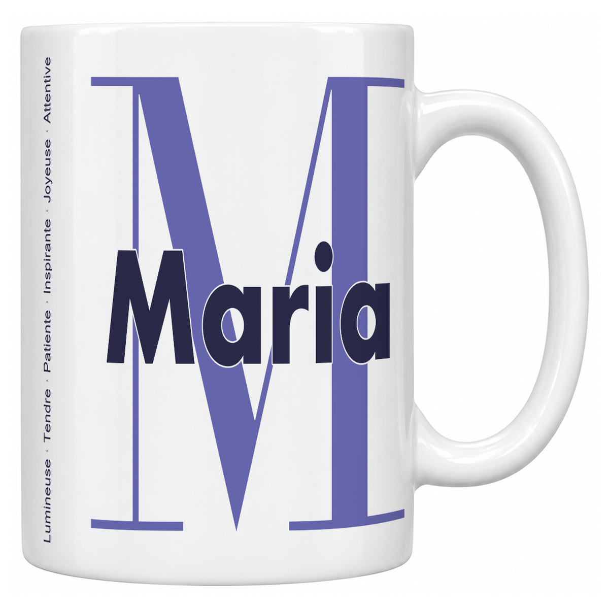 Mug blanc céramique 330 ml prénom Maria : grande initiale M, prénom Maria en lettres bold et six qualités verticales sur le côté