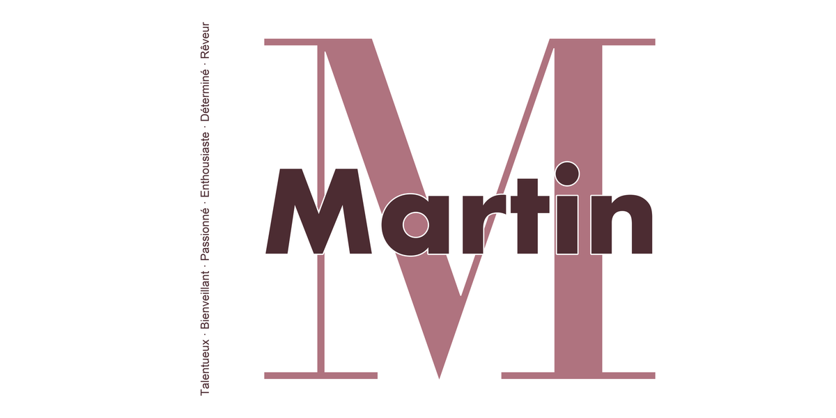 Visuel à plat du mug prénom Martin : initiale M pleine hauteur, prénom Martin centré et ligne verticale « Talentueux · Bienveillant · Passionné · Enthousiaste · Déterminé · Rêveur »