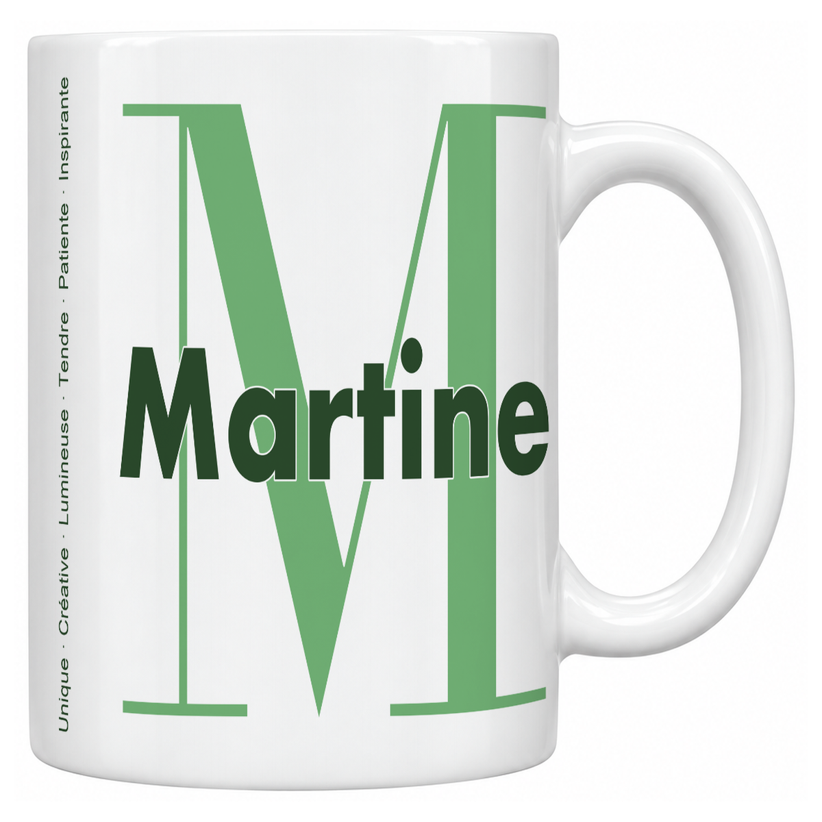 Mug blanc céramique 330 ml prénom Martine : grande initiale M, prénom Martine en lettres bold et six qualités verticales sur le côté