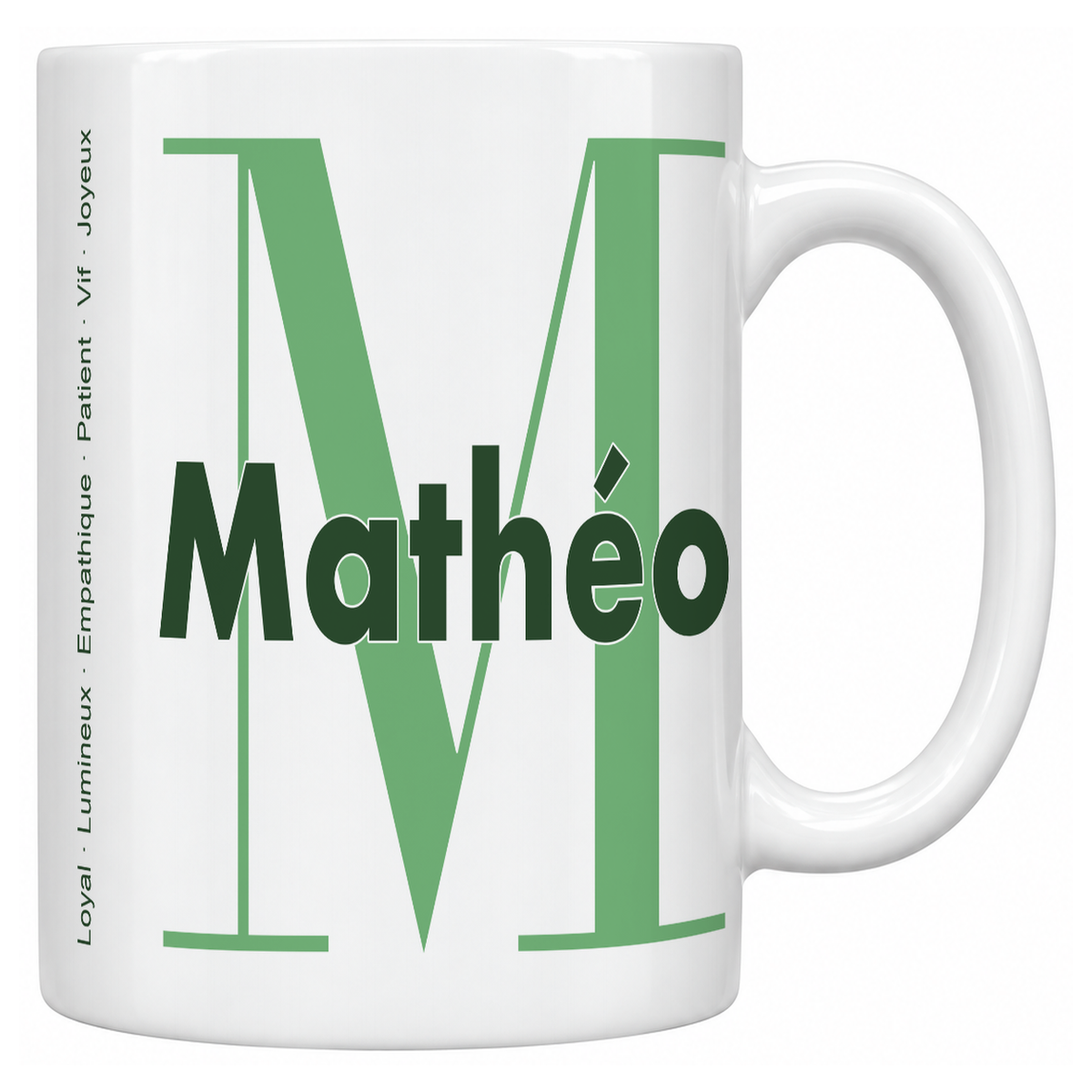 Mug blanc céramique 330 ml prénom Mathéo : grande initiale M, prénom Mathéo en lettres bold et six qualités verticales sur le côté