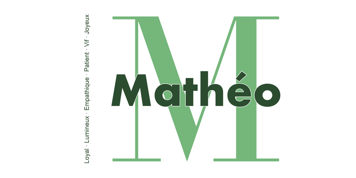 Visuel à plat du mug prénom Mathéo : initiale M pleine hauteur, prénom Mathéo centré et ligne verticale « Loyal · Lumineux · Empathique · Patient · Vif · Joyeux »