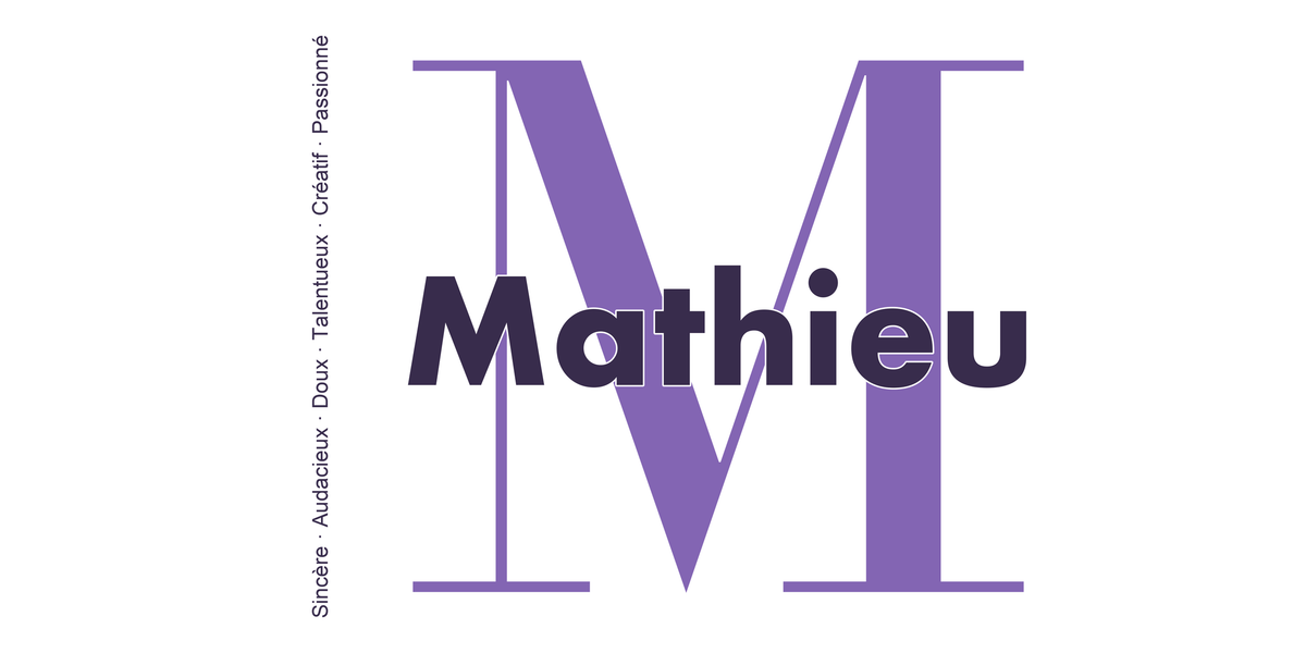 Visuel à plat du mug prénom Mathieu : initiale M pleine hauteur, prénom Mathieu centré et ligne verticale « Sincère · Audacieux · Doux · Talentueux · Créatif · Passionné »
