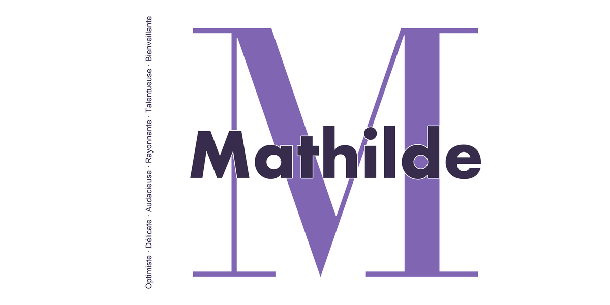 Visuel à plat du mug prénom Mathilde : initiale M pleine hauteur, prénom Mathilde centré et ligne verticale « Optimiste · Délicate · Audacieuse · Rayonnante · Talentueuse · Bienveillante »