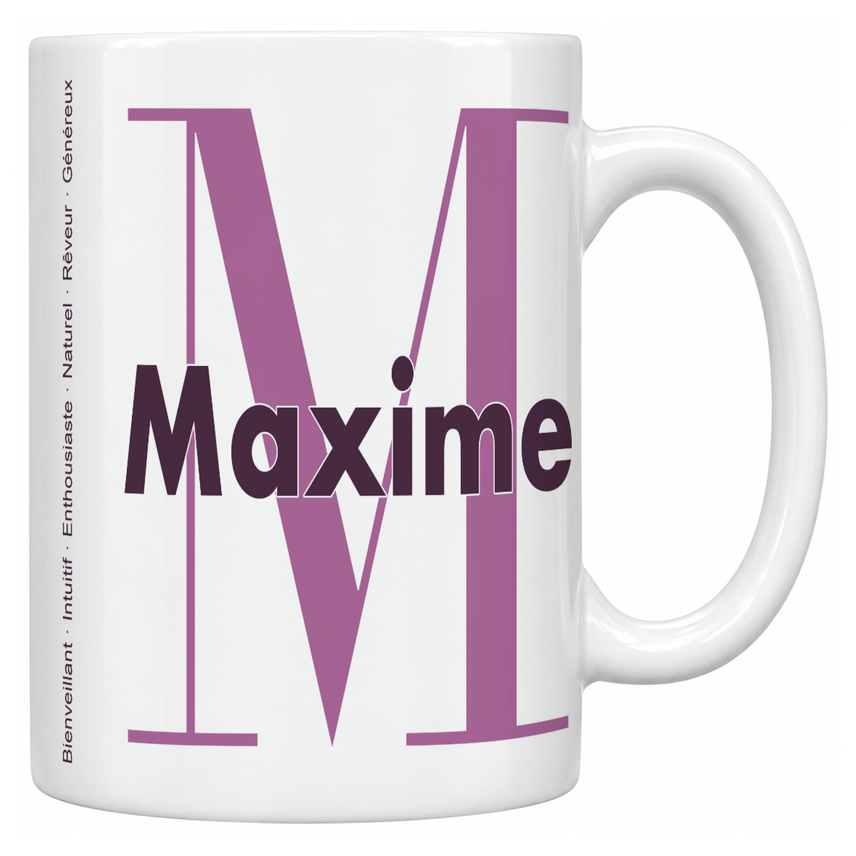 Mug blanc céramique 330 ml prénom Maxime : grande initiale M, prénom Maxime en lettres bold et six qualités verticales sur le côté