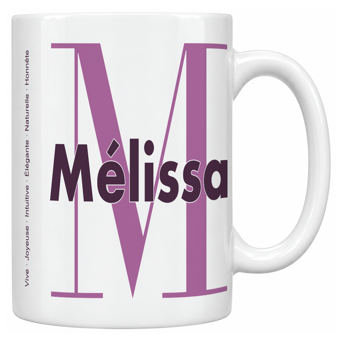Mug blanc céramique 330 ml prénom Mélissa : grande initiale M, prénom Mélissa en lettres bold et six qualités verticales sur le côté
