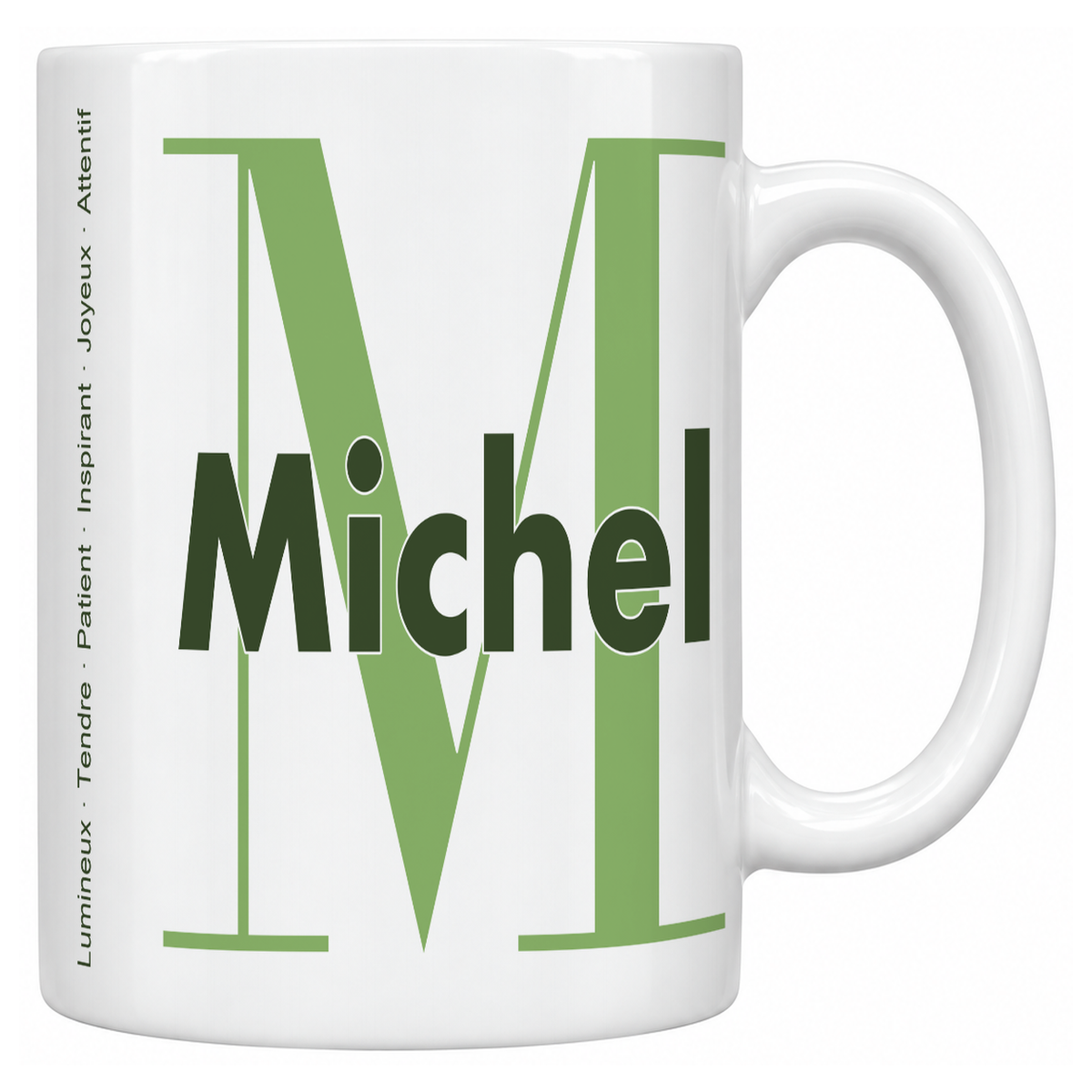Mug blanc céramique 330 ml prénom Michel : grande initiale M, prénom Michel en lettres bold et six qualités verticales sur le côté