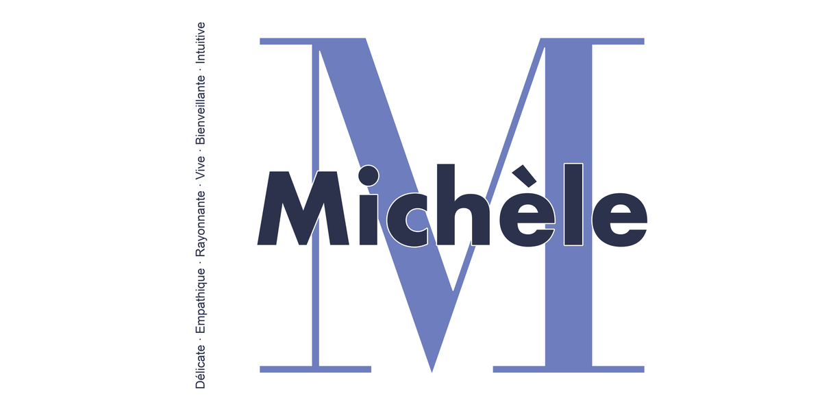 Visuel à plat du mug prénom Michèle : initiale M pleine hauteur, prénom Michèle centré et ligne verticale « Délicate · Empathique · Rayonnante · Vive · Bienveillante · Intuitive »