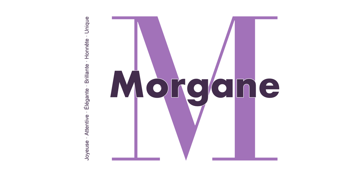 Visuel à plat du mug prénom Morgane : initiale M pleine hauteur, prénom Morgane centré et ligne verticale « Joyeuse · Attentive · Élégante · Brillante · Honnête · Unique »