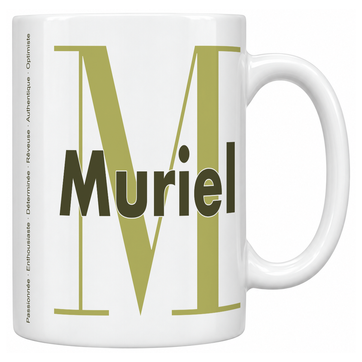 Mug blanc céramique 330 ml prénom Muriel : grande initiale M, prénom Muriel en lettres bold et six qualités verticales sur le côté