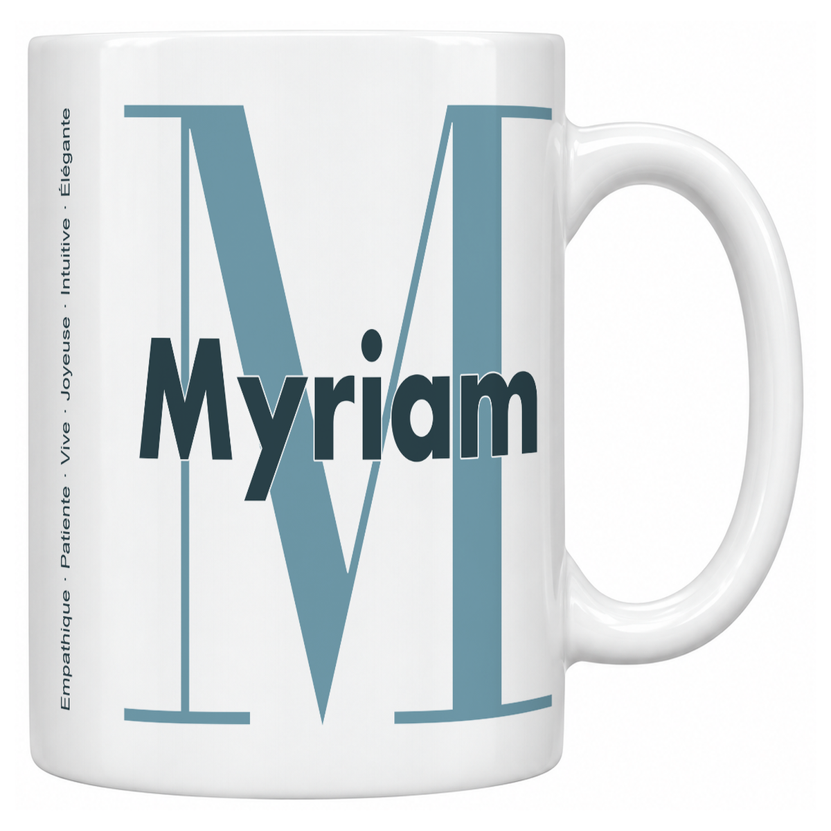 Mug blanc céramique 330 ml prénom Myriam : grande initiale M, prénom Myriam en lettres bold et six qualités verticales sur le côté