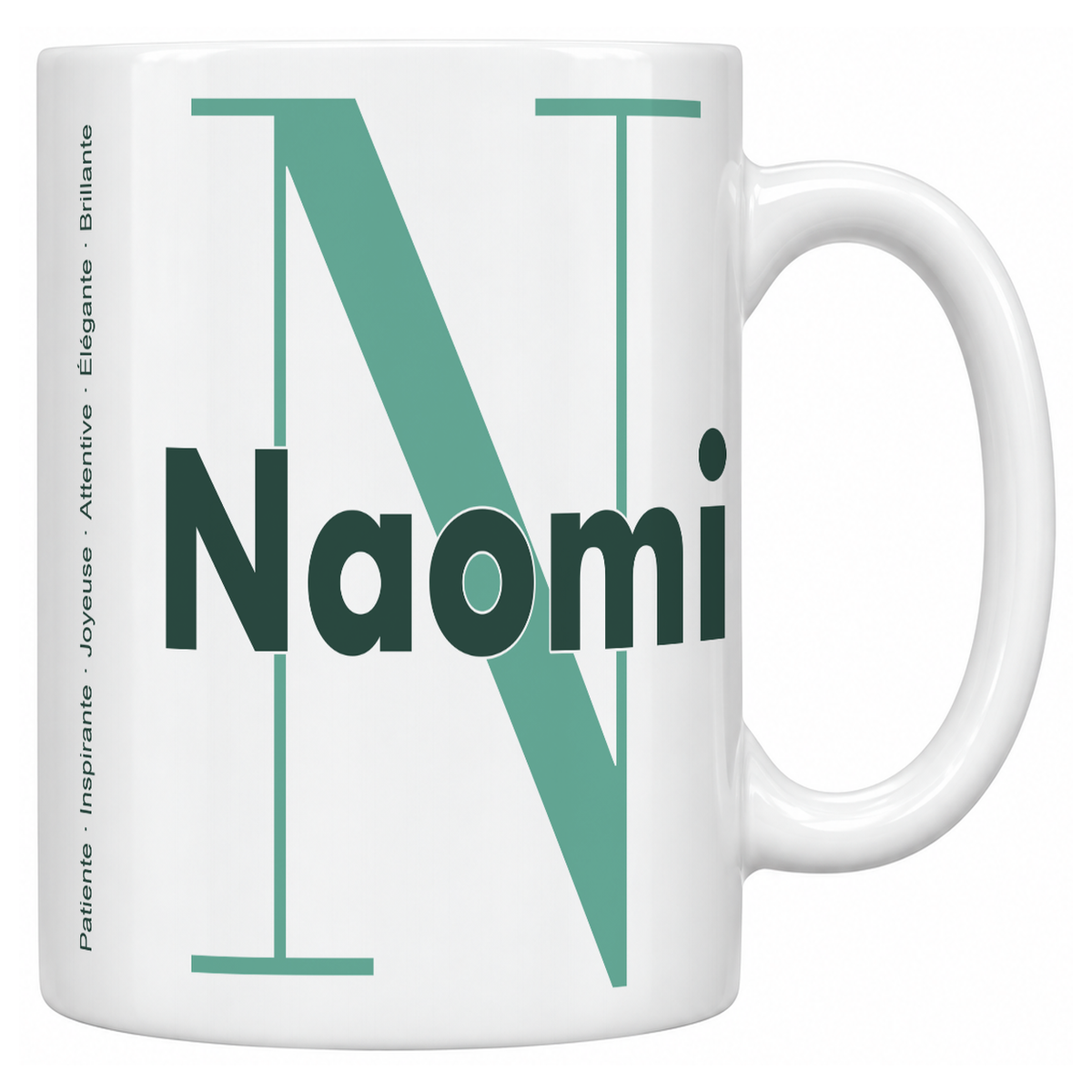 Mug blanc céramique 330 ml prénom Naomi : grande initiale N, prénom Naomi en lettres bold et six qualités verticales sur le côté