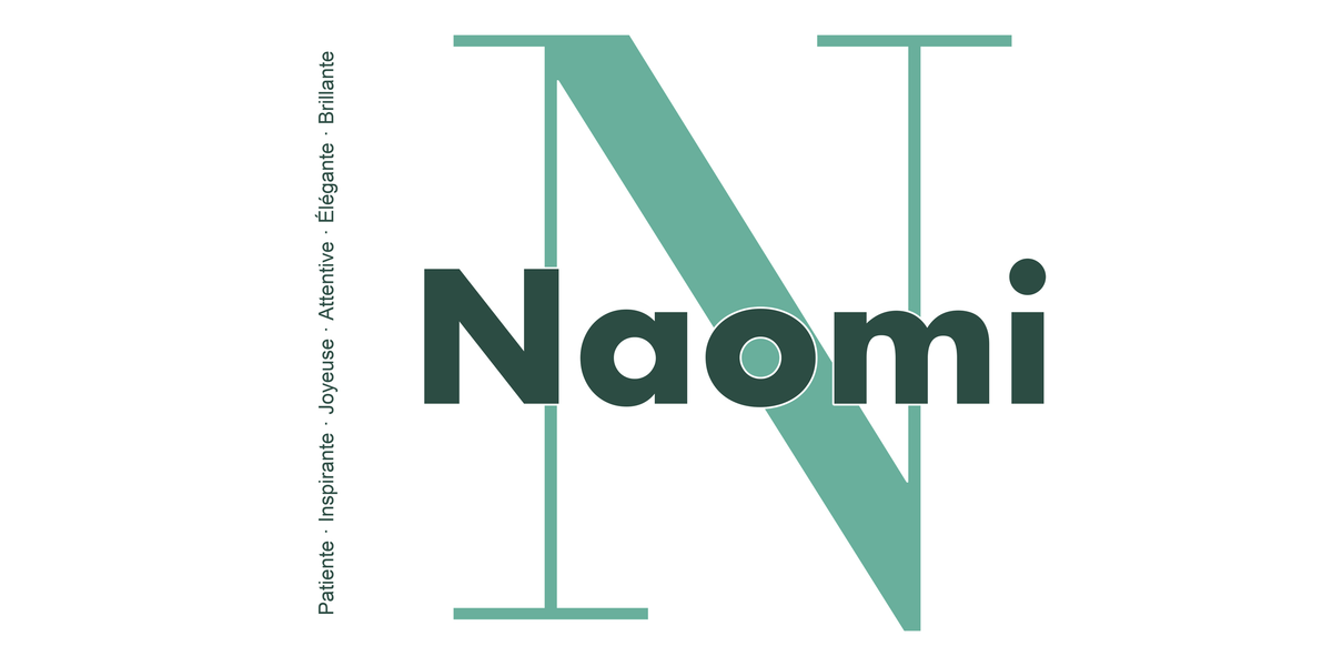 Visuel à plat du mug prénom Naomi : initiale N pleine hauteur, prénom Naomi centré et ligne verticale « Patiente · Inspirante · Joyeuse · Attentive · Élégante · Brillante »