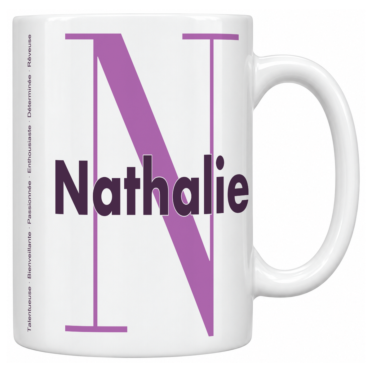 Mug blanc céramique 330 ml prénom Nathalie : grande initiale N, prénom Nathalie en lettres bold et six qualités verticales sur le côté