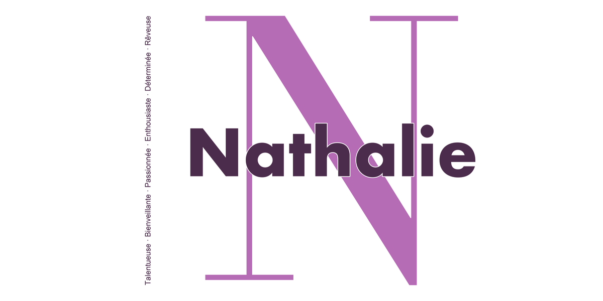 Visuel à plat du mug prénom Nathalie : initiale N pleine hauteur, prénom Nathalie centré et ligne verticale « Talentueuse · Bienveillante · Passionnée · Enthousiaste · Déterminée · Rêveuse »