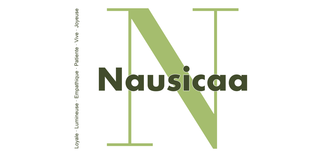 Visuel à plat du mug prénom Nausicaa : initiale N pleine hauteur, prénom Nausicaa centré et ligne verticale « Loyale · Lumineuse · Empathique · Patiente · Vive · Joyeuse »