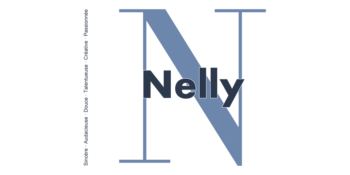 Visuel à plat du mug prénom Nelly : initiale N pleine hauteur, prénom Nelly centré et ligne verticale « Sincère · Audacieuse · Douce · Talentueuse · Créative · Passionnée »