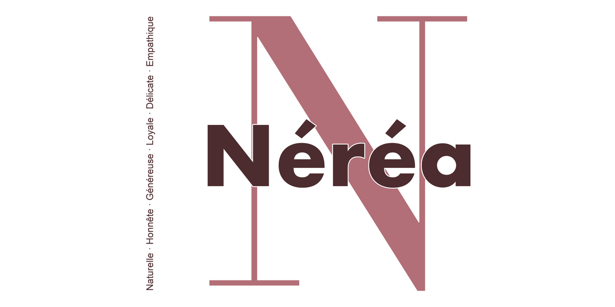 Visuel à plat du mug prénom Néréa : initiale N pleine hauteur, prénom Néréa centré et ligne verticale « Naturelle · Honnête · Généreuse · Loyale · Délicate · Empathique »