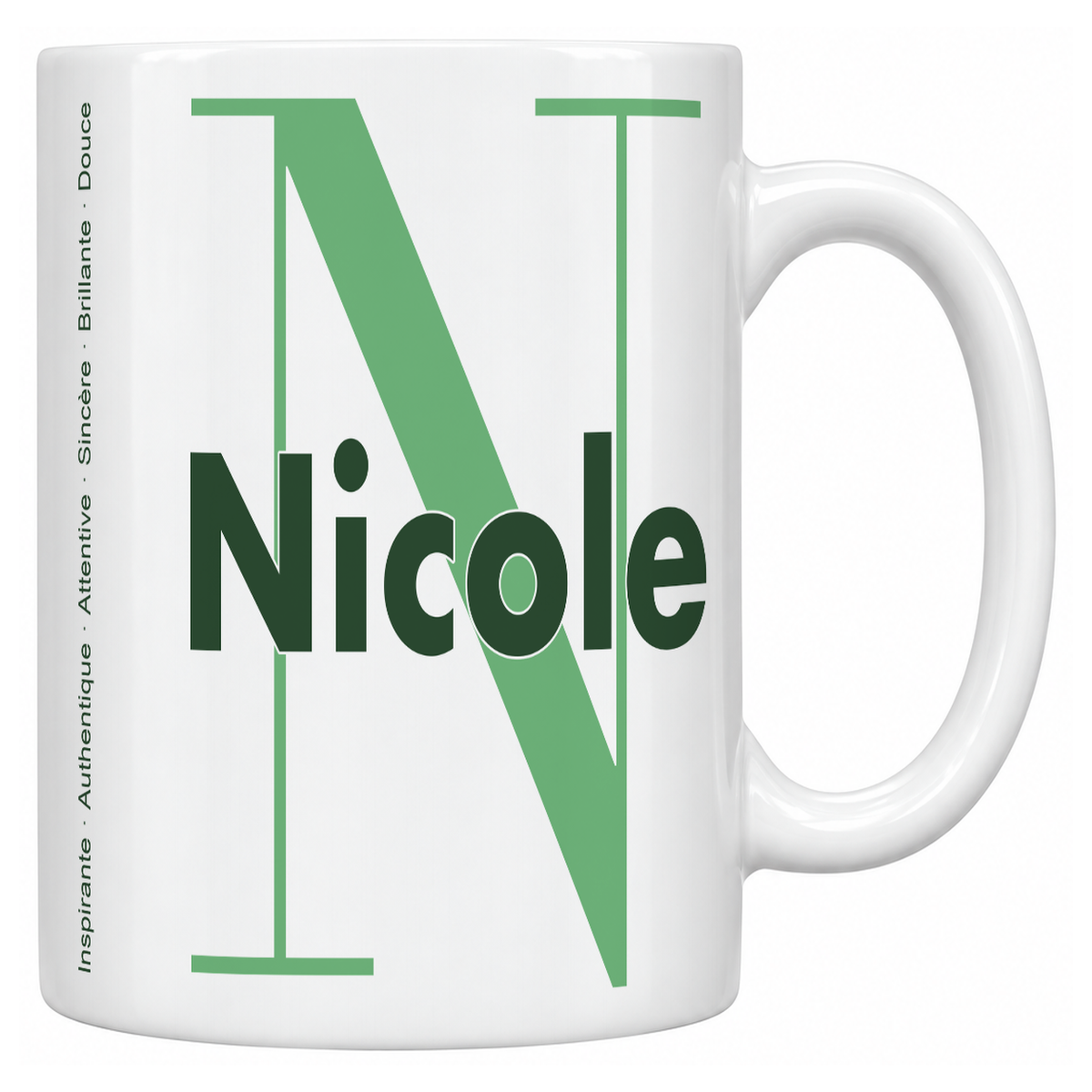 Mug blanc céramique 330 ml prénom Nicole : grande initiale N, prénom Nicole en lettres bold et six qualités verticales sur le côté
