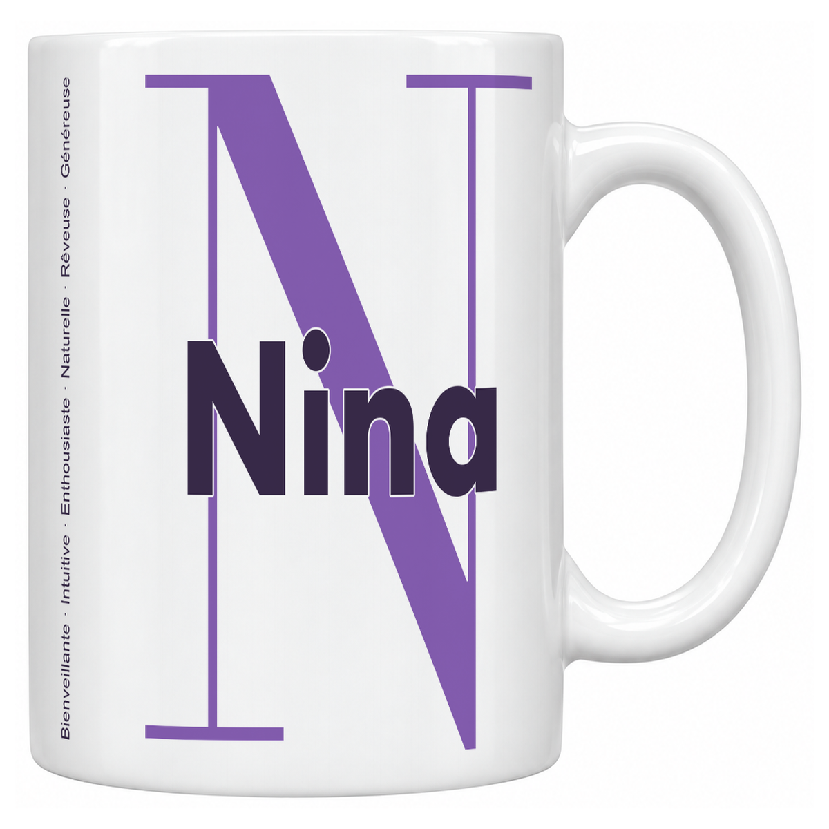 Mug blanc céramique 330 ml prénom Nina : grande initiale N, prénom Nina en lettres bold et six qualités verticales sur le côté