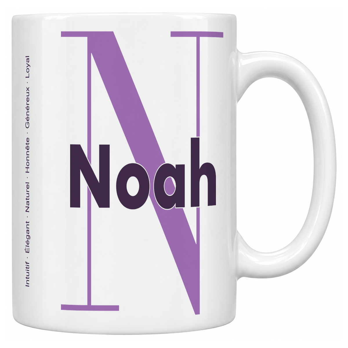 Mug blanc céramique 330 ml prénom Noah : grande initiale N, prénom Noah en lettres bold et six qualités verticales sur le côté