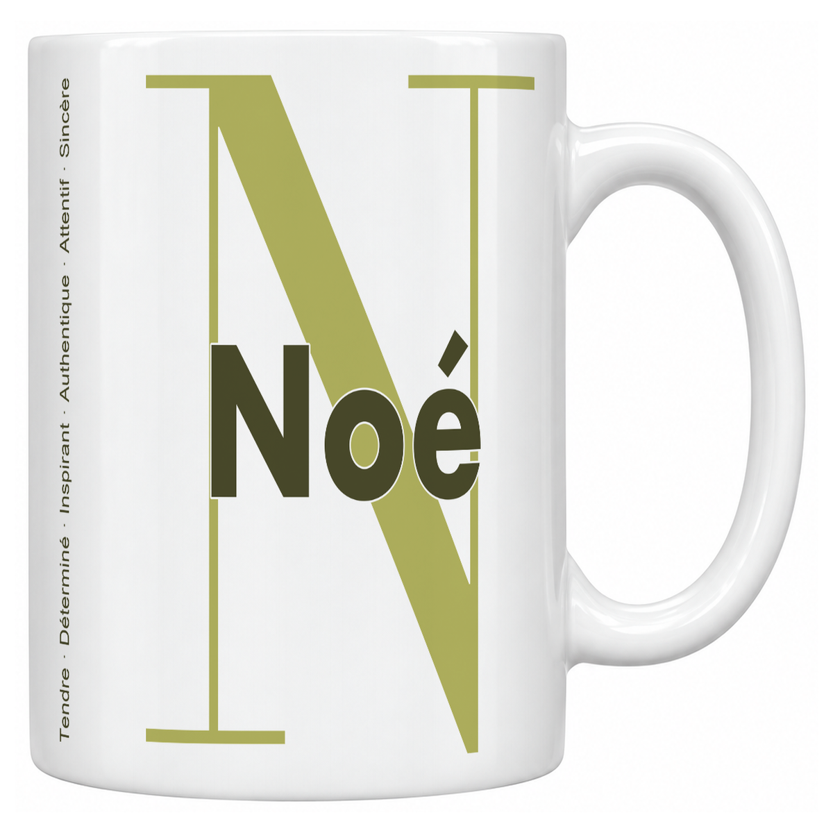 Mug blanc céramique 330 ml prénom Noé : grande initiale N, prénom Noé en lettres bold et six qualités verticales sur le côté