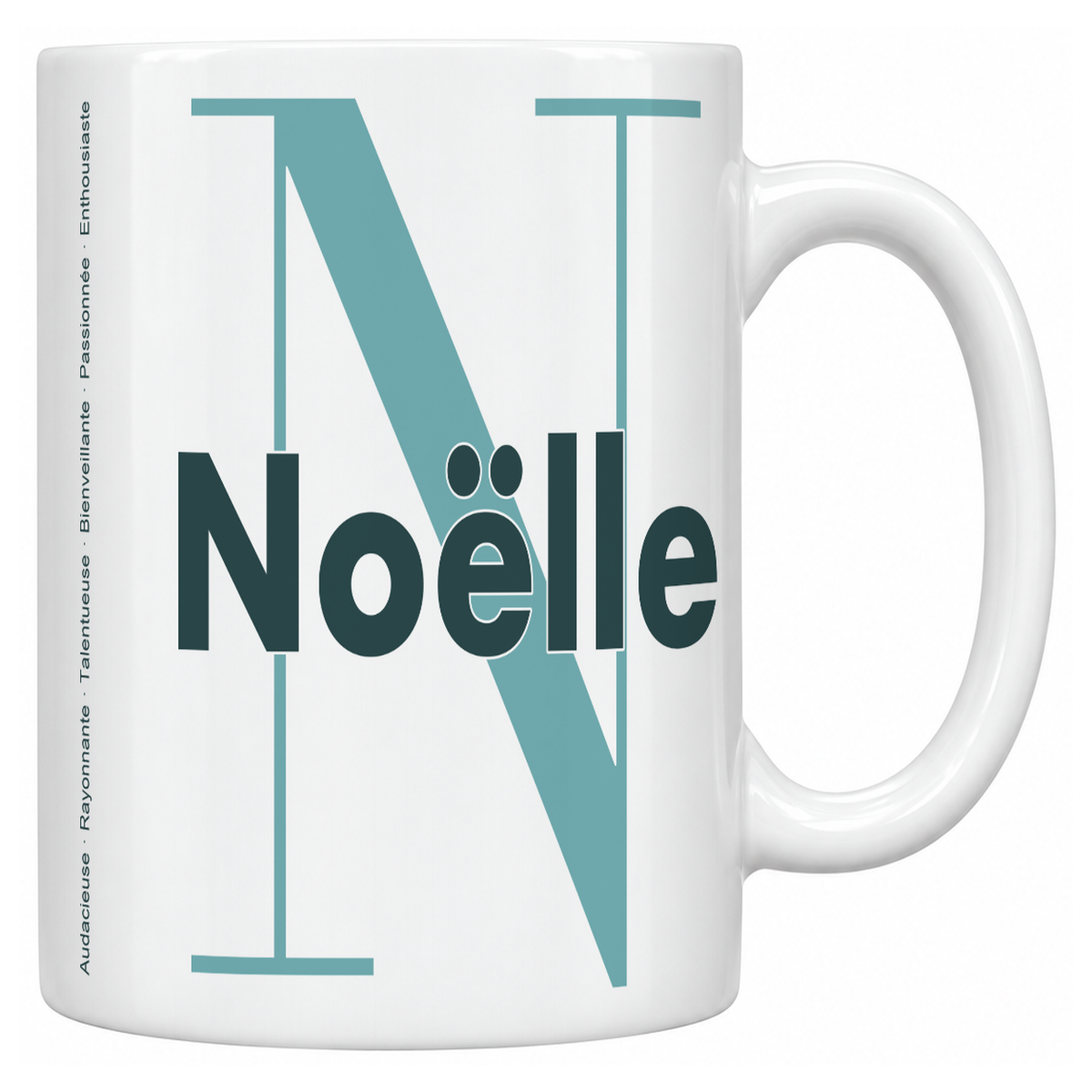 Mug blanc céramique 330 ml prénom Noëlle : grande initiale N, prénom Noëlle en lettres bold et six qualités verticales sur le côté