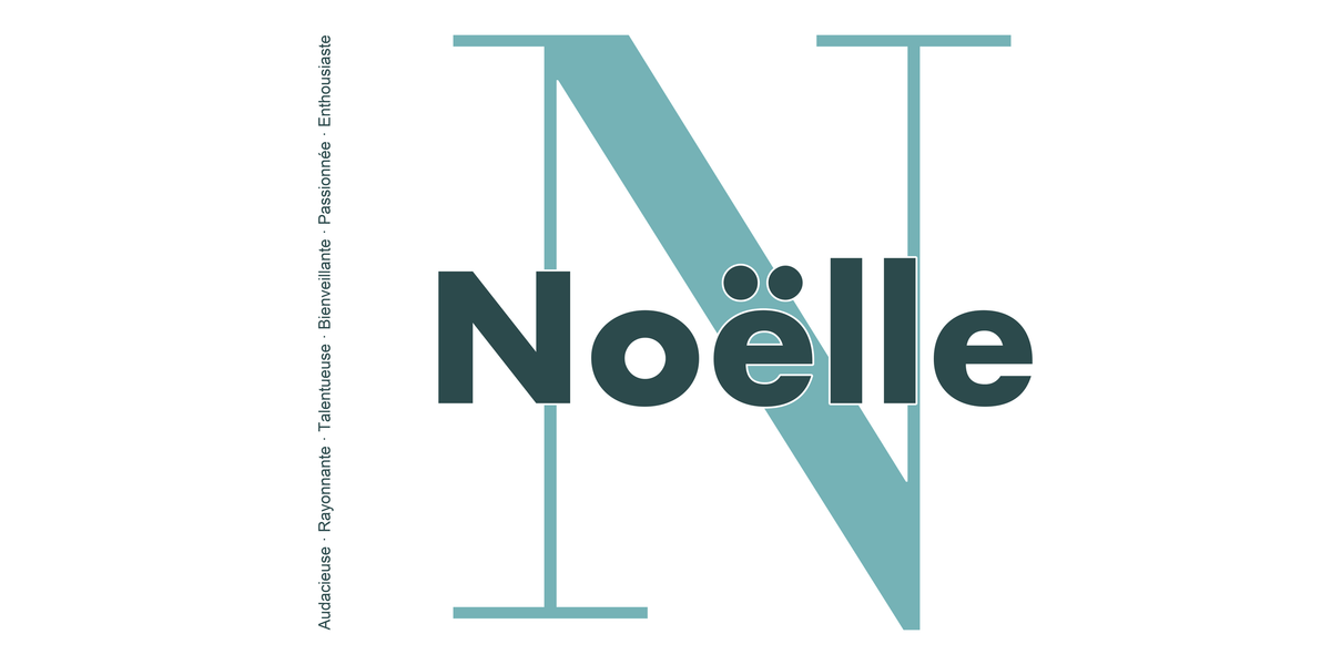 Visuel à plat du mug prénom Noëlle : initiale N pleine hauteur, prénom Noëlle centré et ligne verticale « Audacieuse · Rayonnante · Talentueuse · Bienveillante · Passionnée · Enthousiaste »