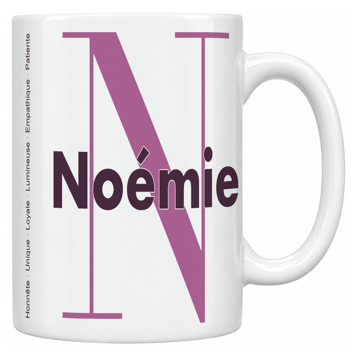 Mug blanc céramique 330 ml prénom Noémie : grande initiale N, prénom Noémie en lettres bold et six qualités verticales sur le côté
